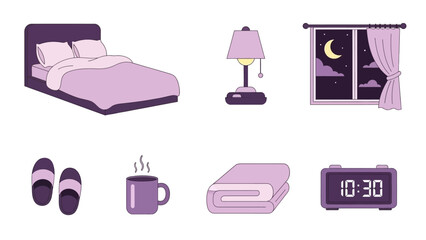 Illustration Set of Bedroom Comforts and Nighttime Routine Icons