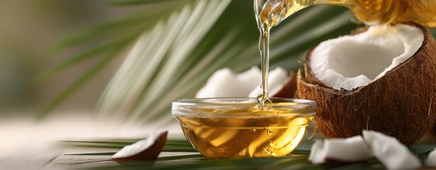 The coconut oil in a glass bowl being poured beside halved coconuts on palmleaf