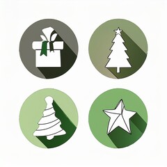 Christmas holiday icon set featuring festive winter elements such as candy cane, snowman, gift box, bell, star, gingerbread, ornaments and decorations.