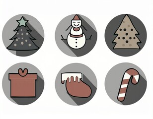 Christmas holiday icon set featuring festive winter elements such as candy cane, snowman, gift box, bell, star, gingerbread, ornaments and decorations.