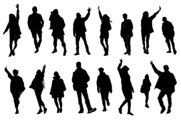 Group of people forming silhouettes with different poses and gestures during a lively gathering at an outdoor event in a city environment