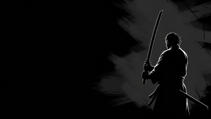 日本刀を持つ侍のシルエットとコピースペース/