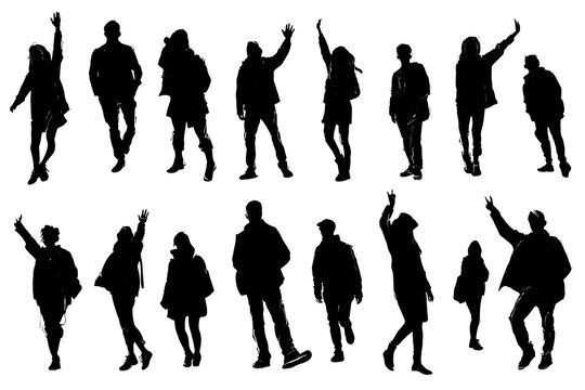 Group of people forming silhouettes with different poses and gestures during a lively gathering at an outdoor event in a city environment