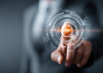 Businessman finger touches glowing futuristic digital interface hologram