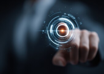 Finger interacting with glowing futuristic digital interface element