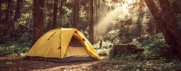 The tent in a sunlit forest clearing surrounded by towering trees and ferns