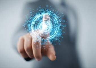 Finger touching glowing blue digital interface with abstract data elements.