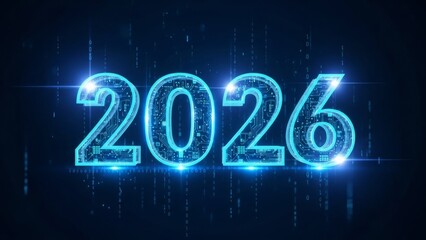 Futuristic 2026 text glowing blue with circuit board design on a dark digital background of falling binary code, representing technological advancement and the future of data