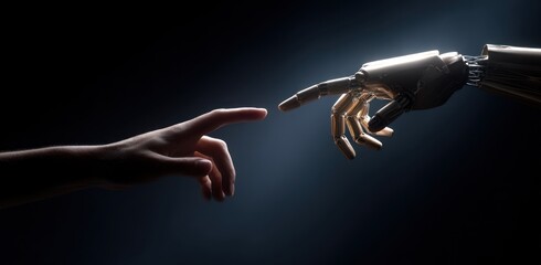 Human finger nearly touches metallic robotic finger against dark background.