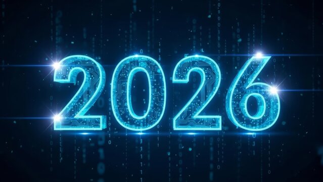 Futuristic 2026 text visualization designed like a glowing blue circuit board or microchip, set against a dark digital background with binary code stream, representing technology and the New Year. - Powered by Adobe