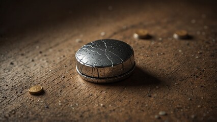 Broken bottle cap on wooden table, fantasy style digital art - Generative AI