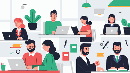 Illustration of people working in an office environment, collaborating and using technology for productivity and success