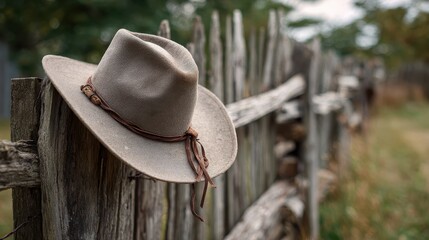 Hat placed on wooden fence at a countryside location during late afternoon