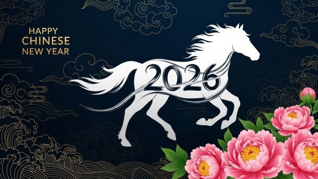 Happy Chinese New Year 2026 Year of the Horse background with white silhouette of running animal, pink peonies, and golden traditional Asian clouds and waves on dark blue.