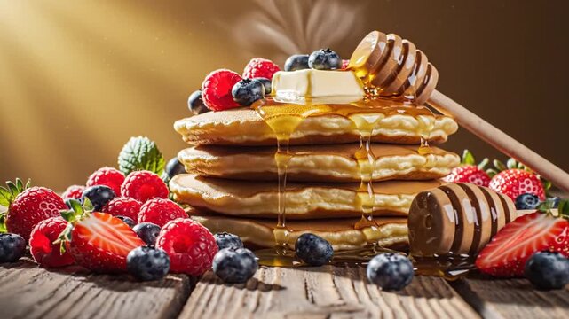National Pancake Day Festive With Rustic Table Pancakes, Honey, and Morning Sunlight