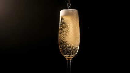 A champagne flute being filled with bubbly champagne against a dark background