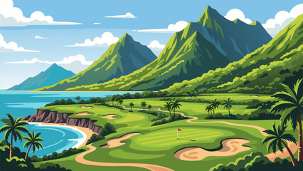 Tropical Golf Course Oasis Lush Green Fairways Beside a Pristine Blue Ocean with Majestic Mountains