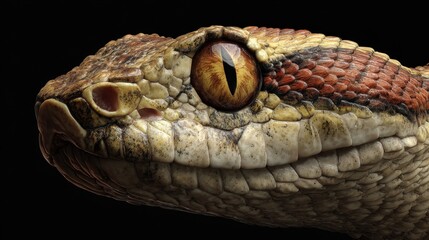 Obraz premium Close view of a snake showing scales and eye detail in a dark setting