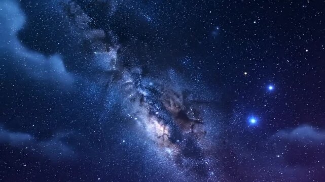 A calm celestial night sky animation featuring countless twinkling stars glowing beams drifting milky way textures and layered soft clouds along the bottom creating a peaceful dreamlike vertical compo