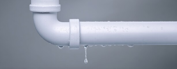 The pipe dripping water with suspended droplets against a neutral gray background