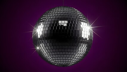A disco ball reflecting bright lights in a dark purple environment from a straight viewpoint