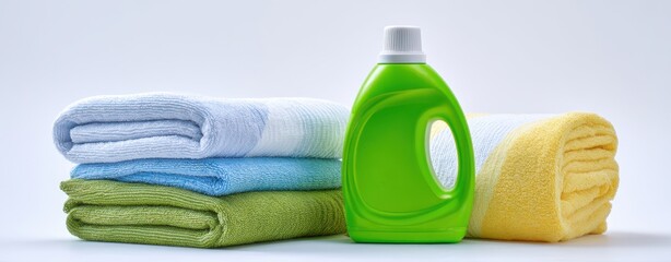 The green detergent bottle surrounded by neatly folded colorful towels on white background