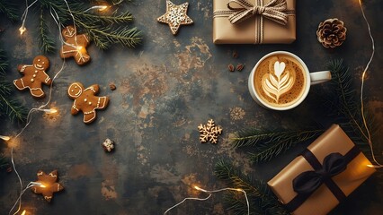 Obraz premium Festive Christmas Holiday Scene with Gingerbread Cookies Coffee and Gift Boxes in Warm Lighting