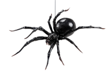 Large black spider hanging from a string in a white background with clear details of its body and legs