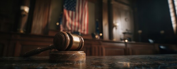 The Gavel on the Judge's Bench in an American Courtroom Signifying Justice
