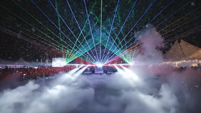 Concert Laser Show - A stage with green and blue laser beams shooting across the area is filled with smoke. Crowds of people fill the space behind the stage and on either side.