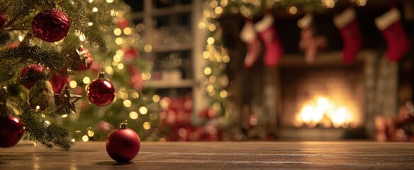 The Christmas Tree in a Cozy Living Room with Fireplace and Festive Decorations