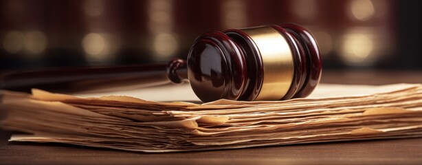 The Gavel Resting on Stacked Legal Documents Symbolizing Justice, Courtroom Authority and Law