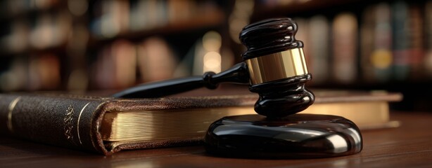 The Gavel Resting on an Open Law Book Amidst Legal Tomes on Wooden Desk