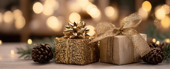 The gift boxes on a rustic wooden table with bokeh holiday lights