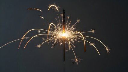 A single sparkler burning brightly against a dark background, emitting golden light and fiery trails.