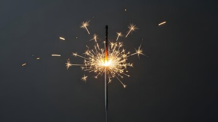 A single lit sparkler emitting bright golden sparks against a dark grey background.