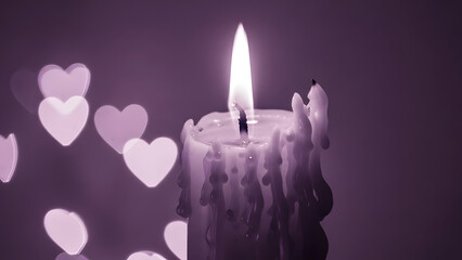 Serene candle flame illuminating a tranquil scene with soft glowing hearts