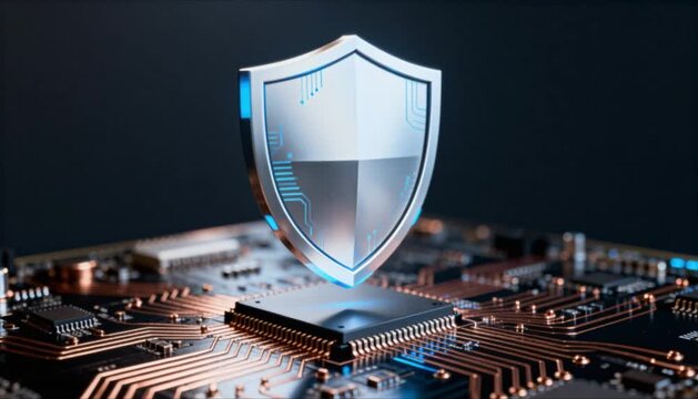 minimalist cybersecurity shield hovering above circuit board with realistic textures perfect for data privacy day