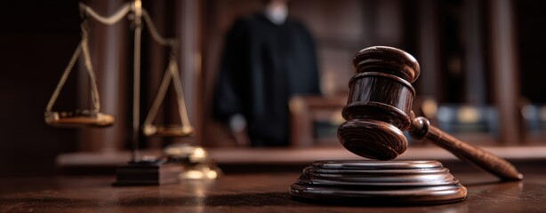 The Gavel in Foreground of Courtroom with Scales and Judge Blurred