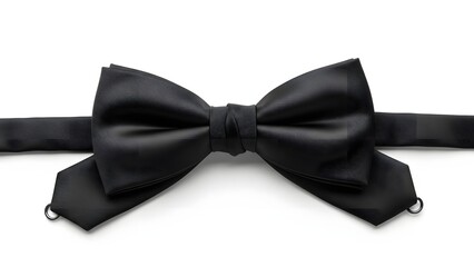 A classic black satin bow tie, neatly tied and ready to wear, isolated on a clean white background.