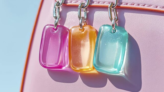 Colorful gummy keychains hanging from pink bag under blue sky  