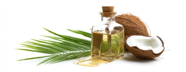 The Coconut Oil Bottle with Broken Coconut and Palm Leaf on White