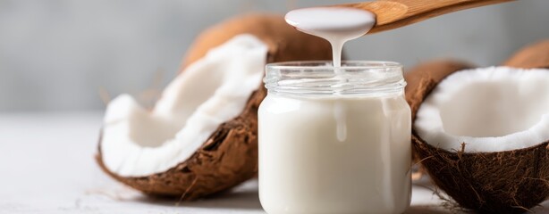 The Coconut Milk Jar with Fresh Coconut Halves and a Spoon Pouring Creamy White Milk