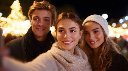 Fototapeta premium Smiling faces illuminate a festive outdoor scene as three friends joyfully capture a selfie during a seasonal celebration. They are wrapped in warmth against the night.