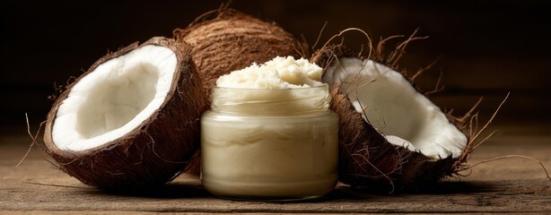 The Coconut Halves and Jar of Cream on a Rustic Wooden Table