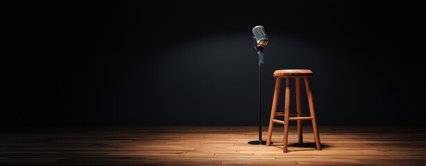 The Microphone on a Wooden Stage Beside a Single Stool Under Spotlight