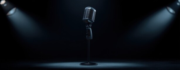 The Microphone on a Dimly Lit Stage with Spotlights and Dramatic Mood