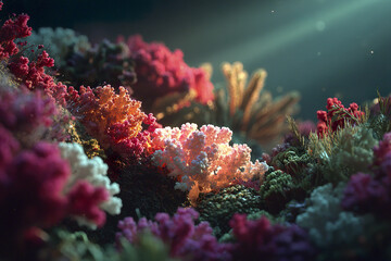 Fototapeta premium Colorful coral reef underwater with soft light rays, vibrant marine life, and diverse textures creating peaceful and enchanting ocean scene full of natural beauty and detail