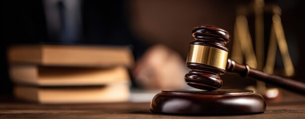 The Gavel on a Wooden Desk with Legal Books and Justice Scales