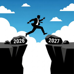 Determined businessman making a brave leap across a challenging chasm, symbolizing the transition from 2026 to a promising new year 2027, embracing future growth and new opportunities